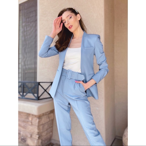 💙SOLD ZARA 2 PIECE ✨NWT✨ Powder Blue Pantsuit Lapeless Blazer & Belted Pants - Picture 8 of 9